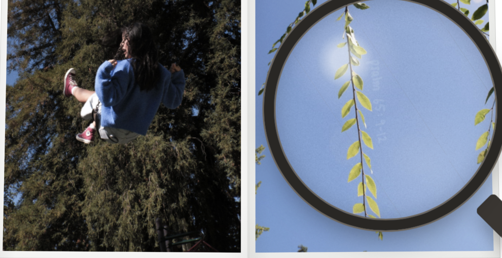 The magnifying glass held over a page of the book, showing a hidden line of text in the sky